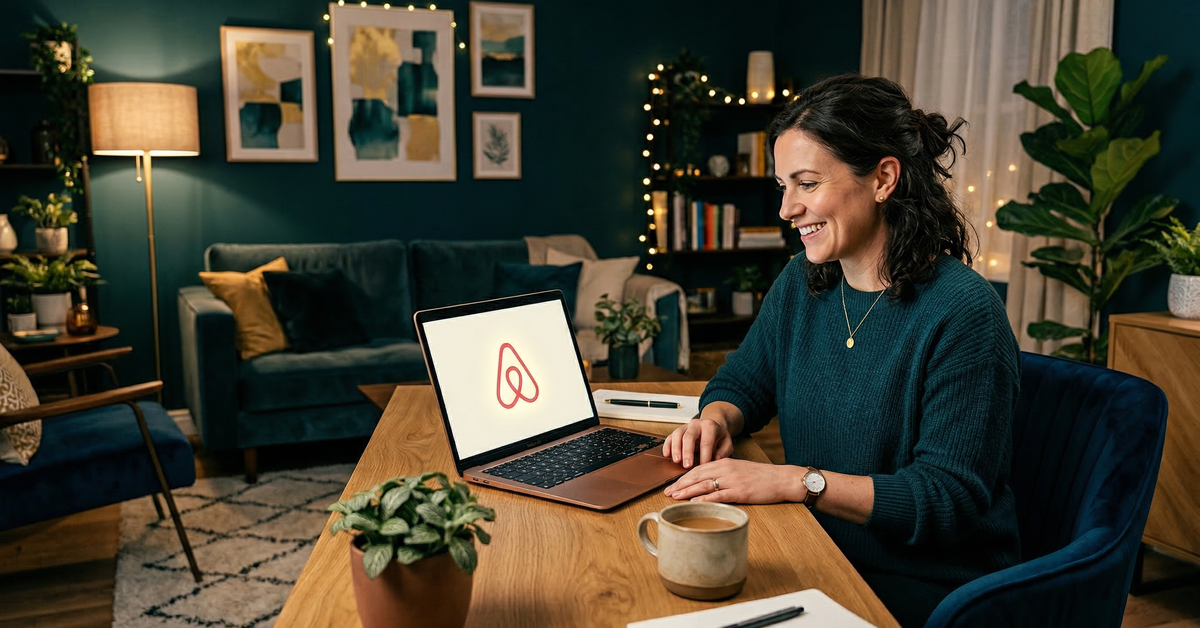 Airbnb host checking Superhost badge status on laptop screen