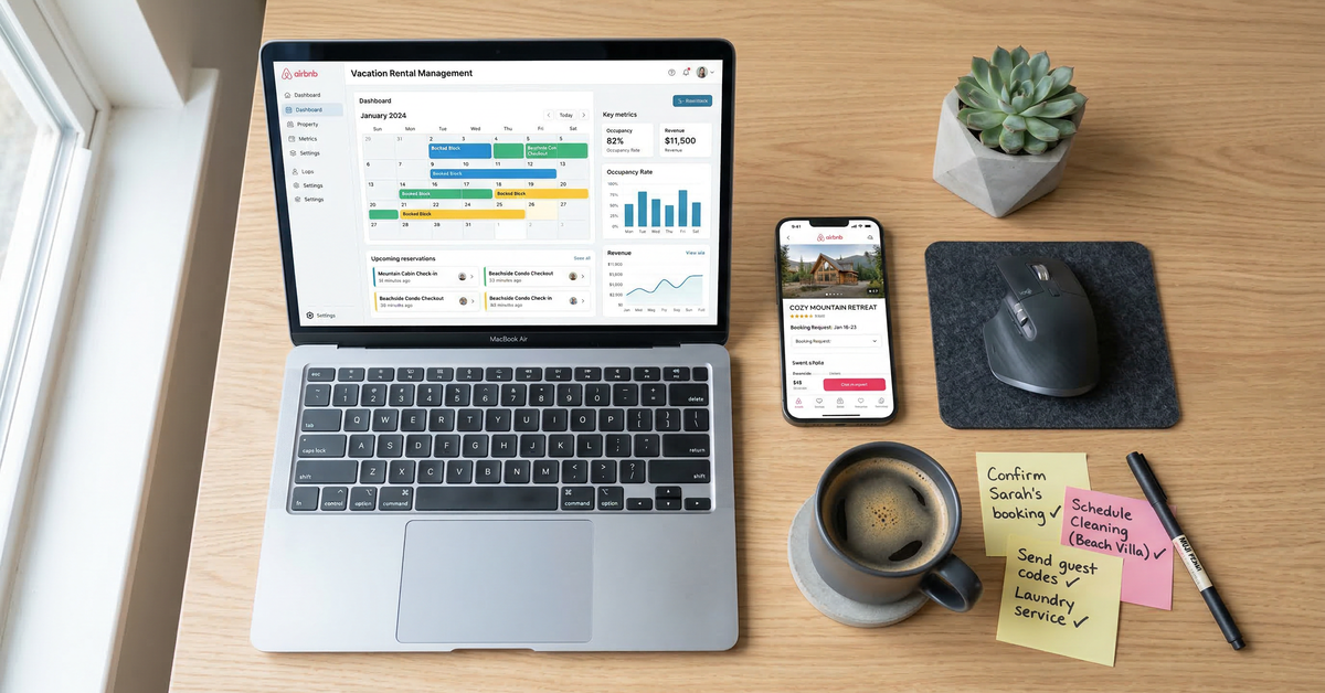 Laptop showing vacation rental management dashboard with phone and sticky notes on desk