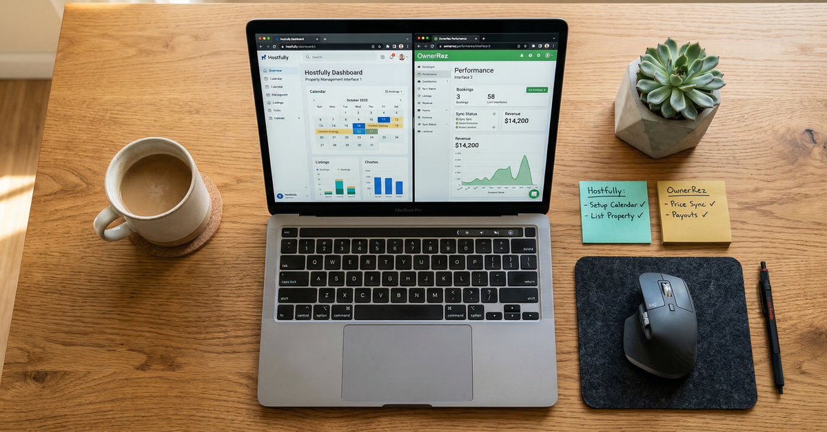 Laptop showing vacation rental dashboard comparison with coffee and notes on desk