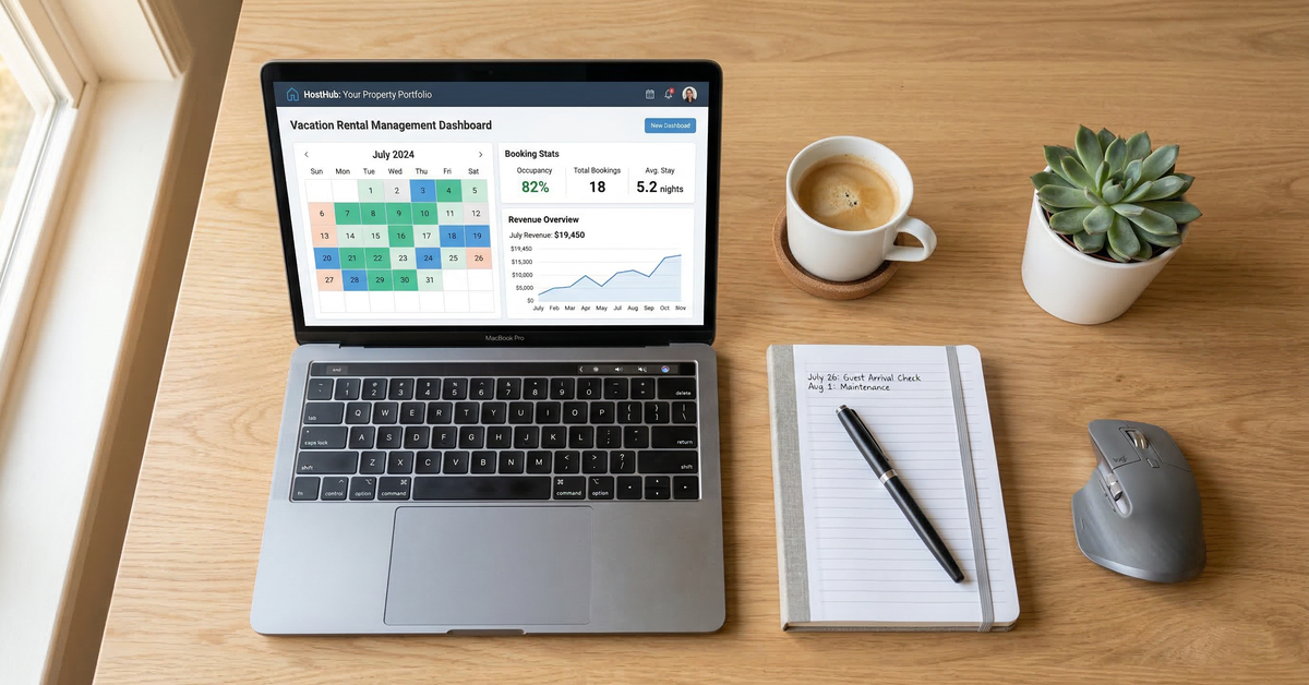 Laptop showing vacation rental dashboard with coffee and notepad on wooden desk