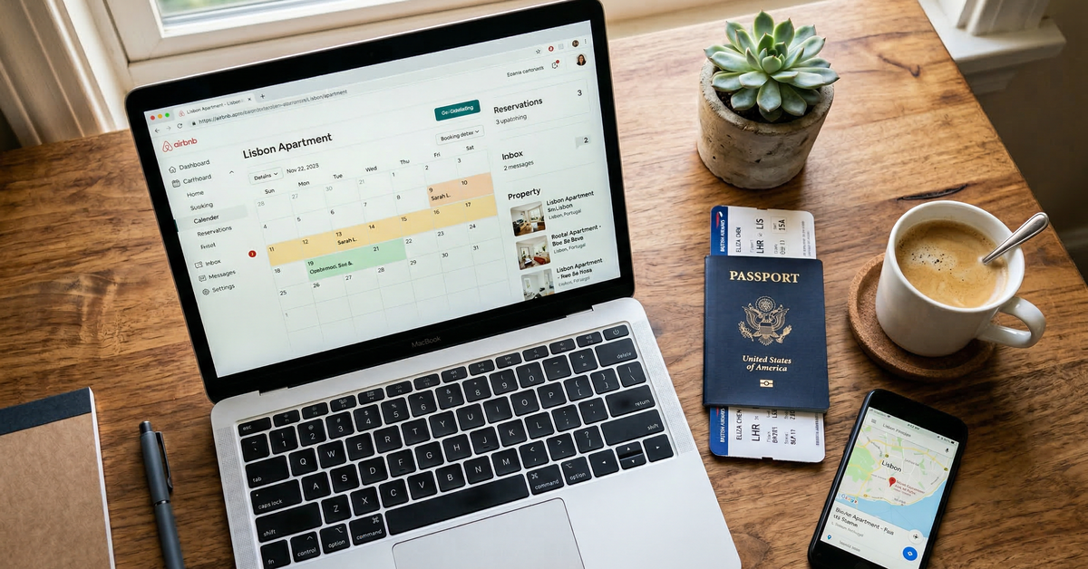 Laptop with Airbnb dashboard next to passport and coffee on wooden desk