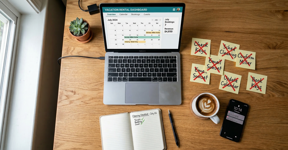 Laptop with Airbnb dashboard and crossed-out sticky notes on wooden desk
