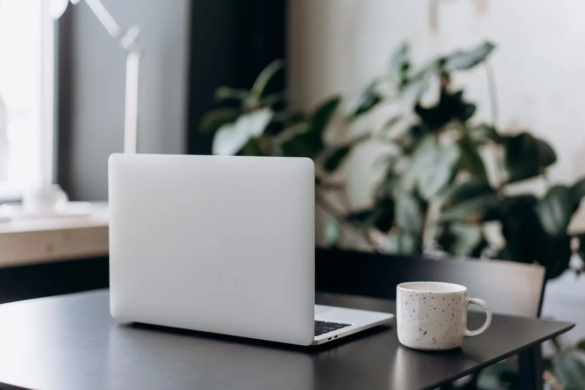 A silver laptop sitting almost closed on a black table beside a speckled ceramic mug, with a houseplant and a bright window behind.