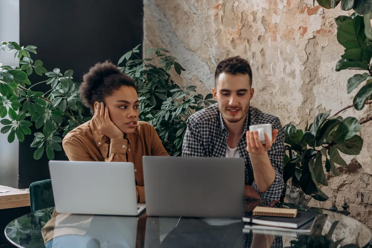 Two people working at separate laptops across a table with plants behind them