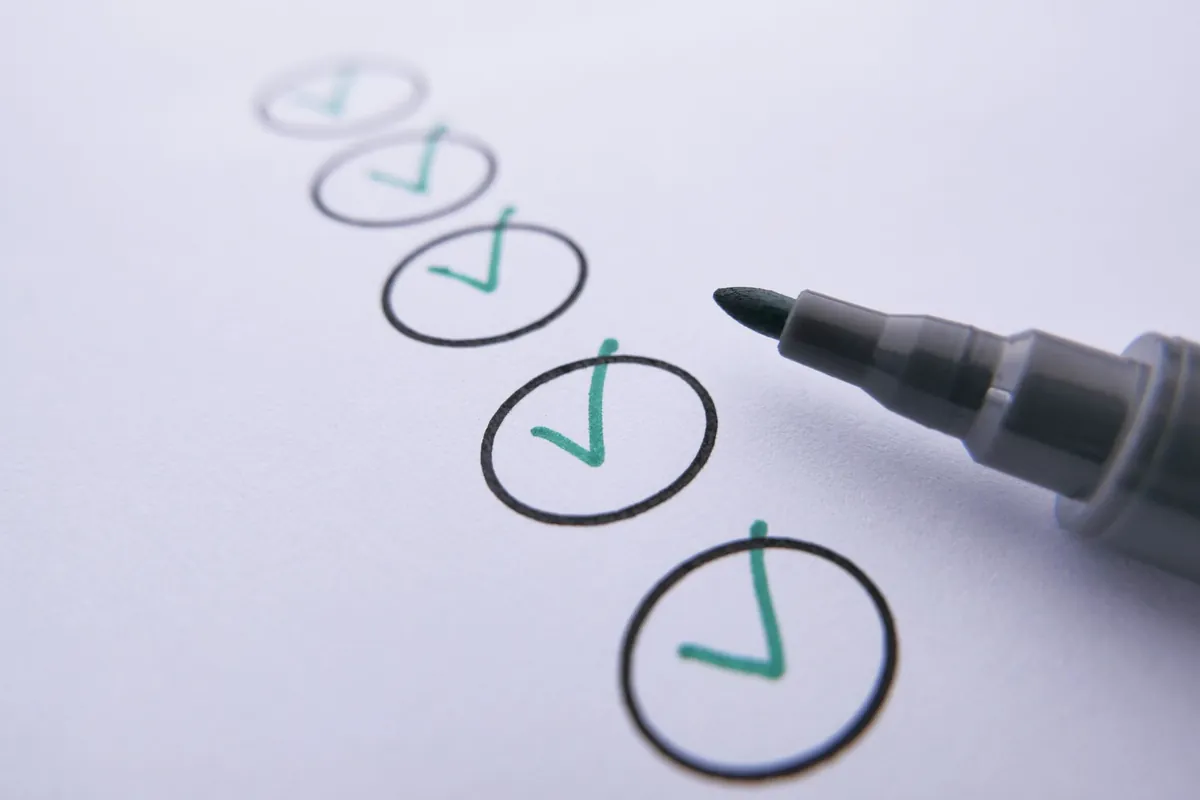 A close-up of a paper checklist with green ticks drawn beside each line