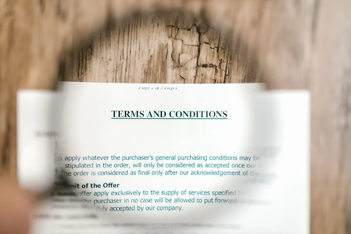 A magnifying glass held over a printed terms-and-conditions document