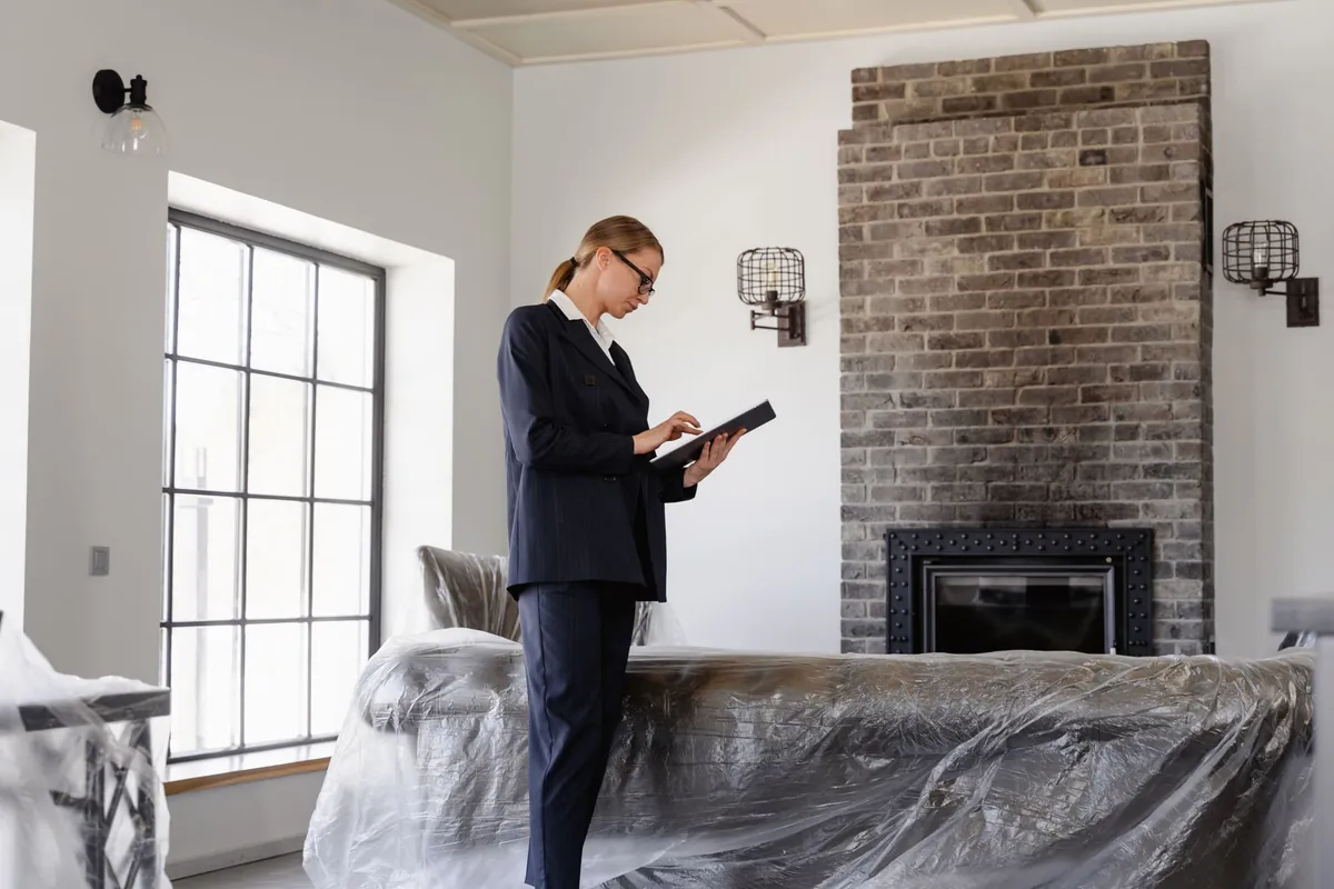 A woman with a tablet checking a living room whose sofa is wrapped in plastic