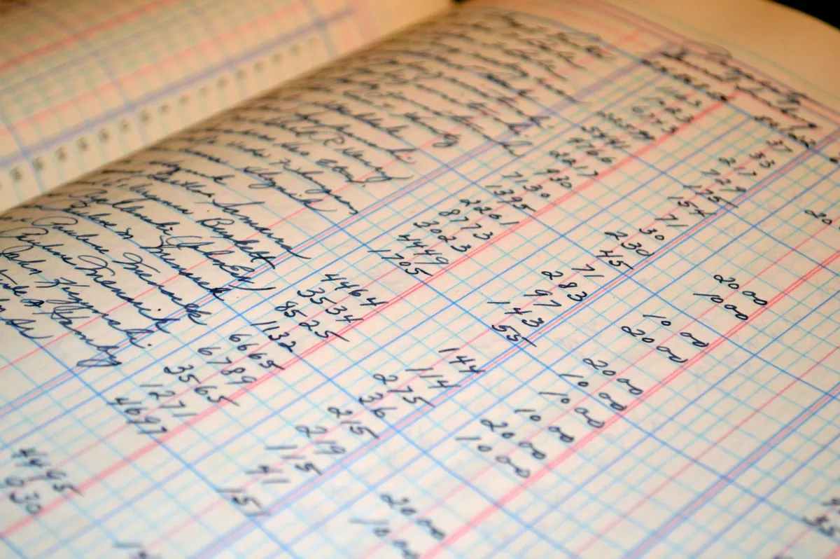 A close-up of an open handwritten accounting ledger, its ruled red and blue columns filled with names in cursive and columns of figures.