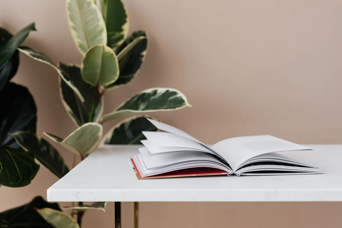 An open hardback book lying on the corner of a white marble table, with a large rubber plant beside it and a plain pink wall behind.
