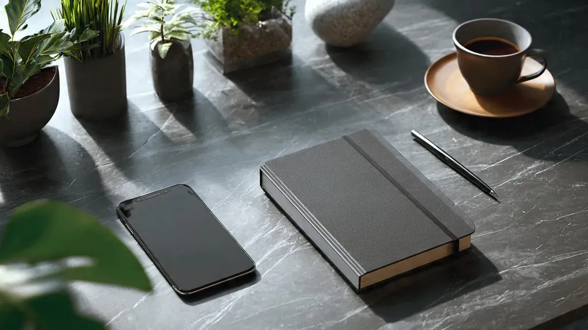 Smartphone on a dark stone desk beside a notebook, pen, and cup of coffee