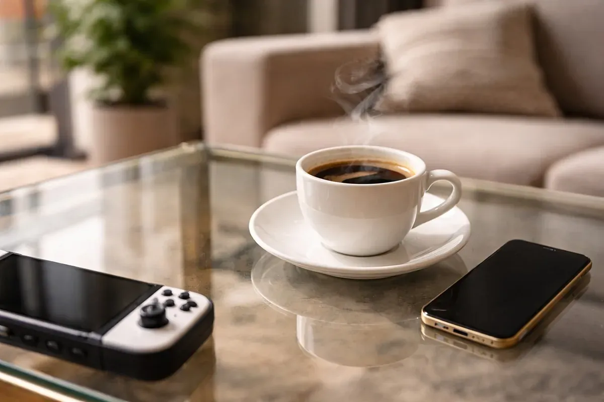 A smartphone and a steaming cup of coffee on a glass table in a living room