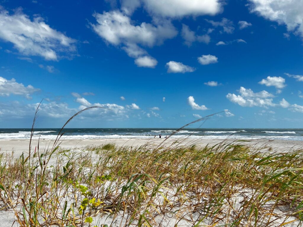 Beach view with gentle waves, grassy dunes, and blue skies in Cocoa Beach, Florida