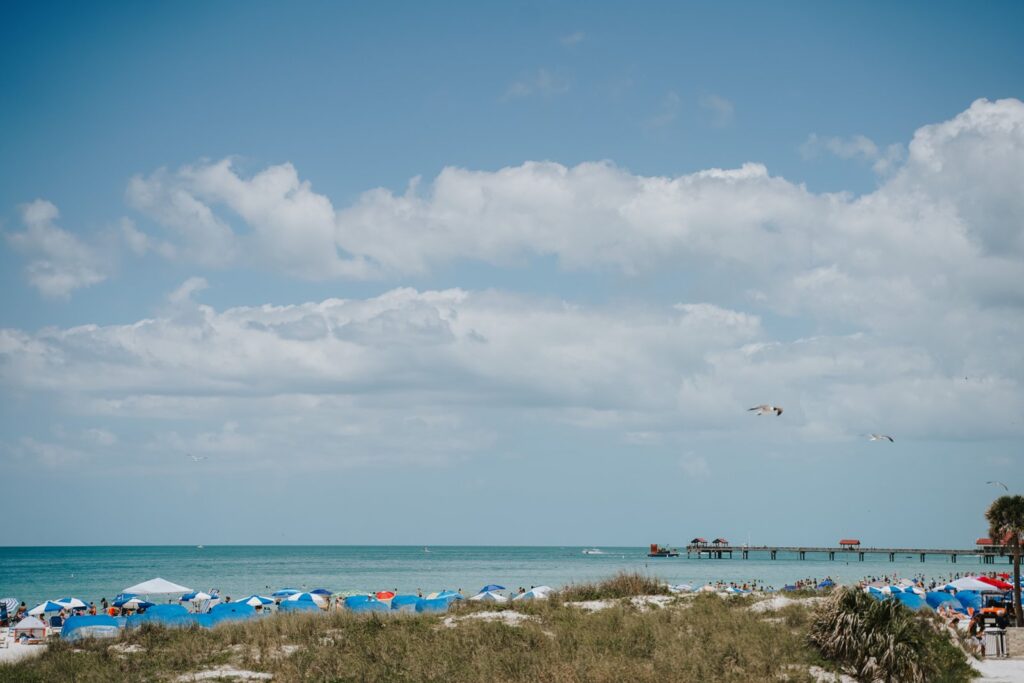 Beach umbrellas on white sand overlooking a calm ocean under a clear sky