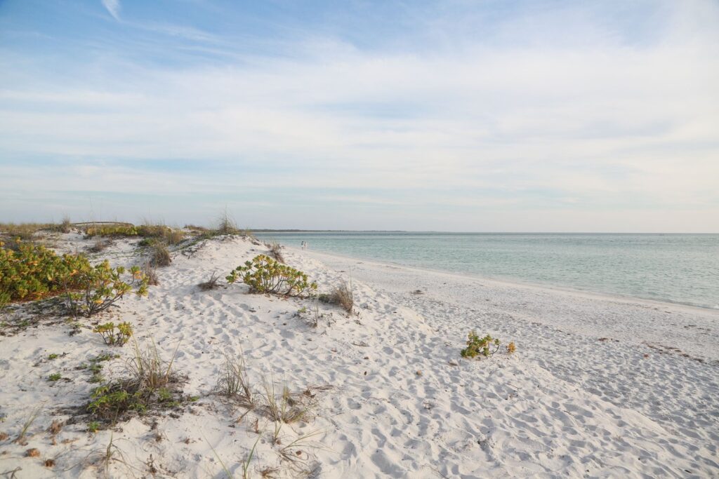 White sand beach in Florida with clear skies and gentle ocean waves.