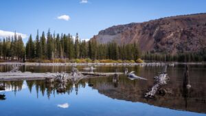 A calm mountain lake reflecting snow-capped peaks under a clear sky